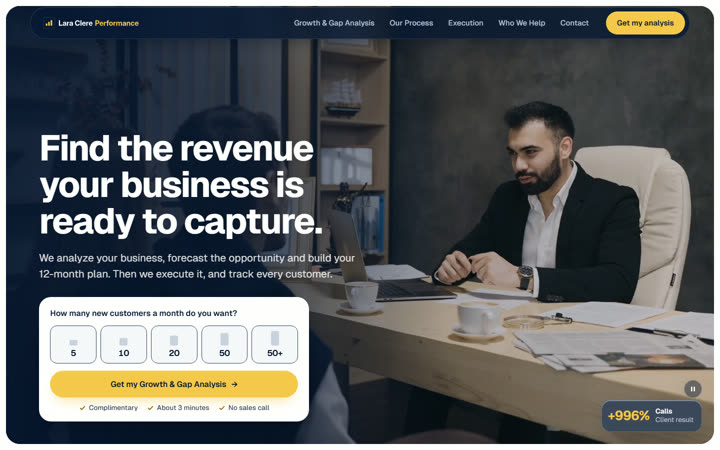 Home page of the Lara Clere Performance preview